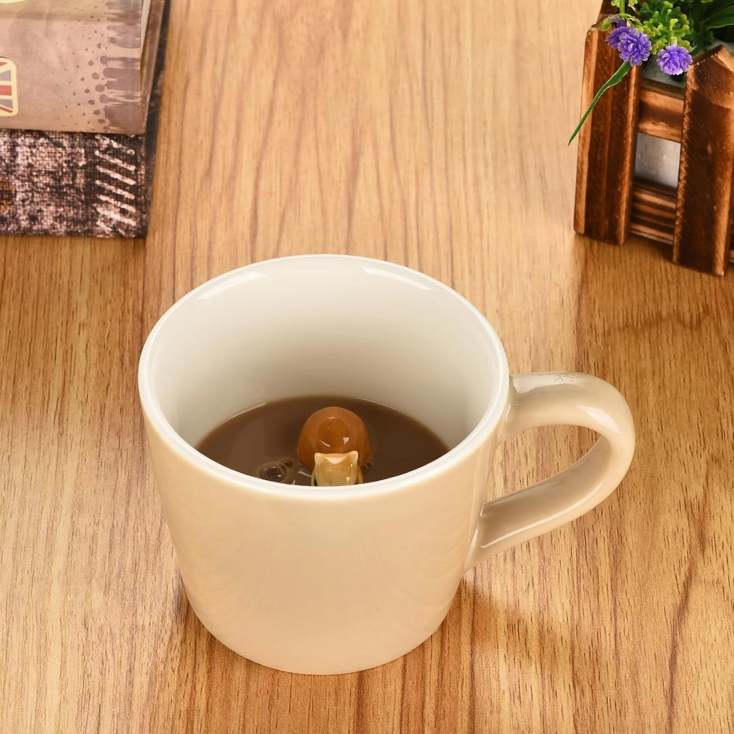 Squirrel Ceramic Cup Hidden 3D Animal Inside Mug 12 oz,Cute Cartoon Hand-Painted Handmade Figurine Mugs,Holiday and Birthday Gift for Coffee Milk Tea Lovers (Beige)