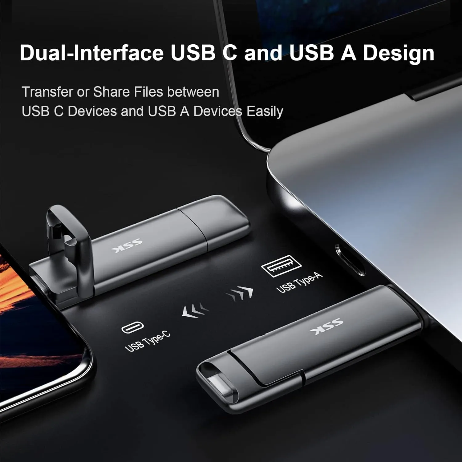 SSK 1TB USB C Thumb Drive up to 1000MB/s,Fast USB Flash Dual Drive,External SSD Flash Drive Type C USB A 3.2 Gen 2 Flash Drive,USB C Memory Stick for iPhone 15/PS4/Android Phone/Tablet/Windows/Mac