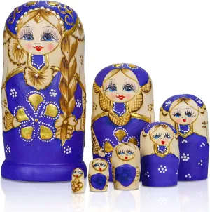 Starxing Russian Nesting Dolls Matryoshka Wood Stacking Nested Set 7 Pieces Handmade Toys for Children Kids Christmas Halloween Easter Mother's Day Birthday Home Room Decoration Gift (Blue)