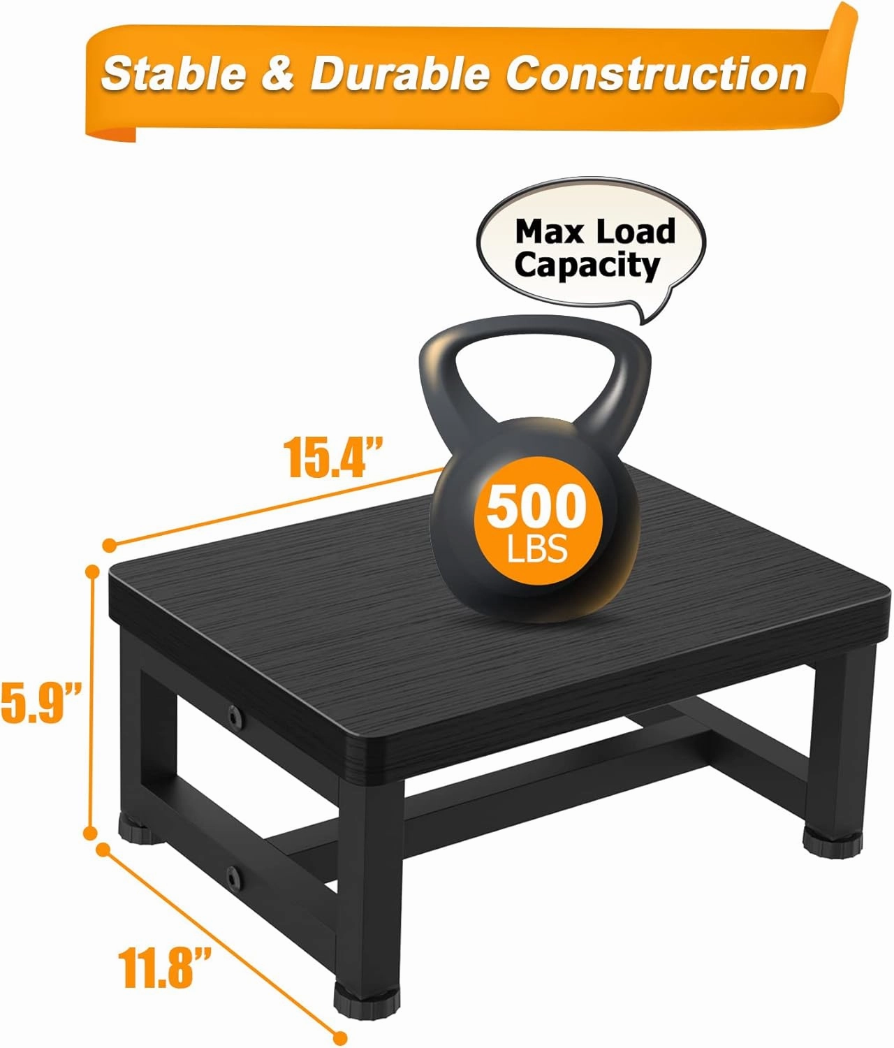 Step Stools for Adults Kids with Non-Slip Rubber Feet, Heavy Duty Wide Wooden Stepping 500-LBS Capacity Bedroom Kitchen Bathroom, Sturdy Bed Steps High Beds, Easy Assembly, Black