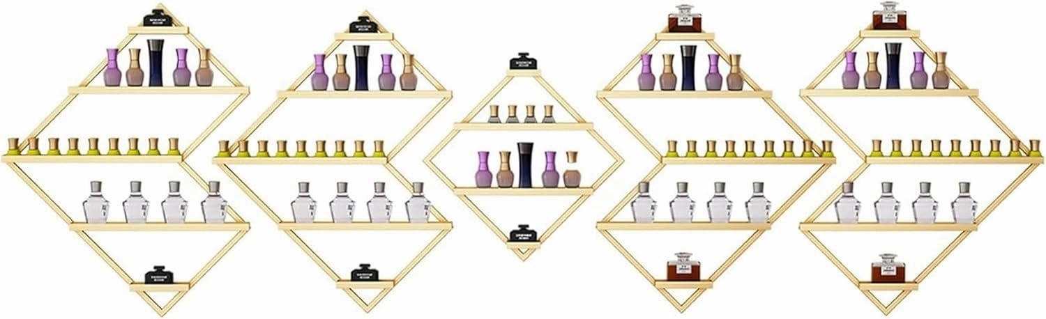 Storage Rack, 5 Packs Metal Nail Polish Rack for Nail Salon, Irregular Metal Wall Mounted Nail Polish Storage Racks Makeups Lipstick Perfume Wall Shelfs for Home Spas Business Salons(Gold)