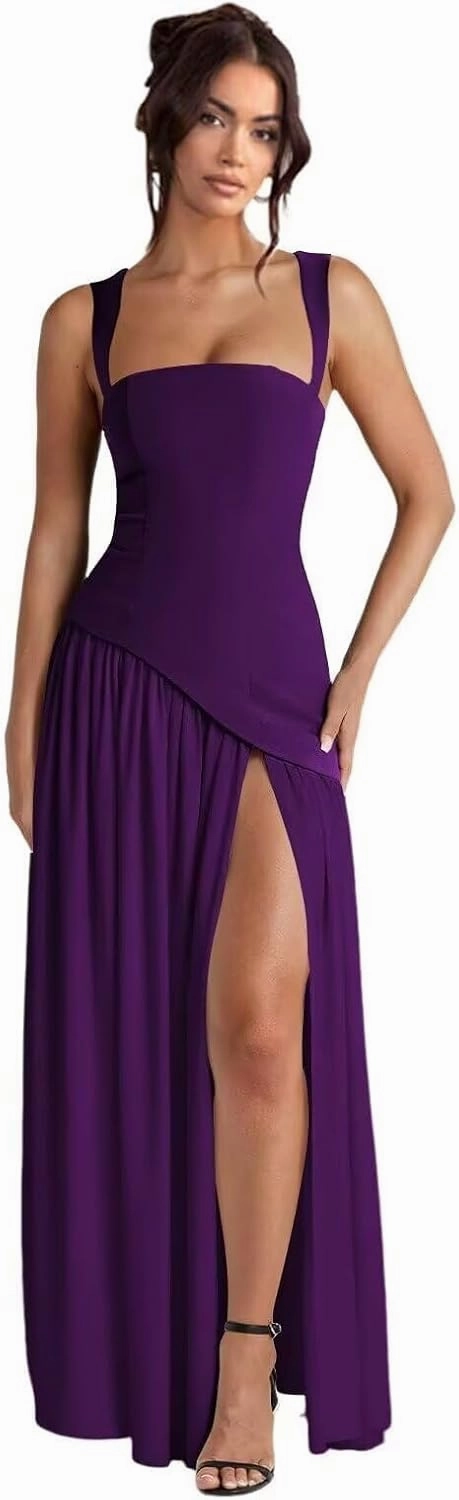 Straps Prom Dresses for Women Long Front Slit Asymmetrical Drop Waist Party Dress for Girls Chiffon Formal Gowns