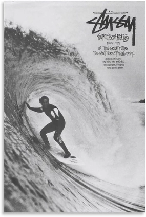 Stussy Surf Vintage Poster Black And White Canvas Wall Art For Room Aesthetic And Decor Poster For Bedroom Office Home Dorm Kitchen Bathroom Decor24x36inch(60x90cm)