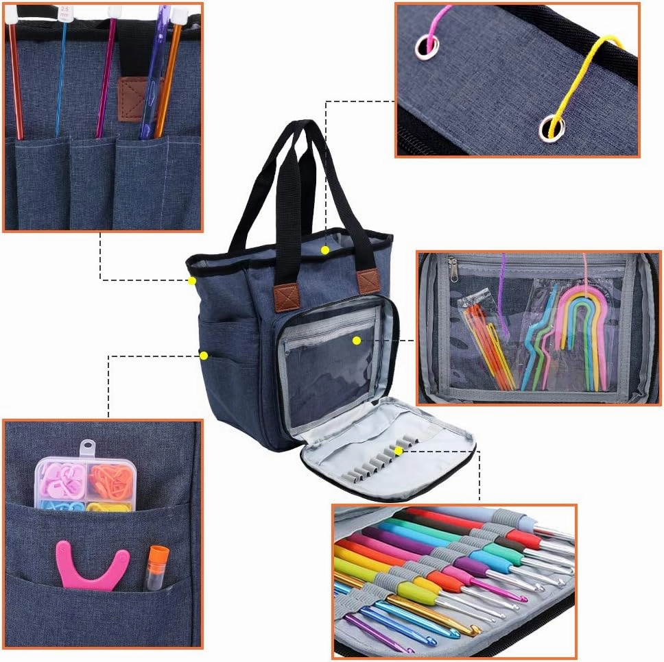 SumDirect Yarn Bag, Knitting Organizer Tote Bag Portable Storage Bag for Yarns, Carrying Projects, Knitting Needles, Crochet Hooks, Manuals and Other Accessories (Blue)