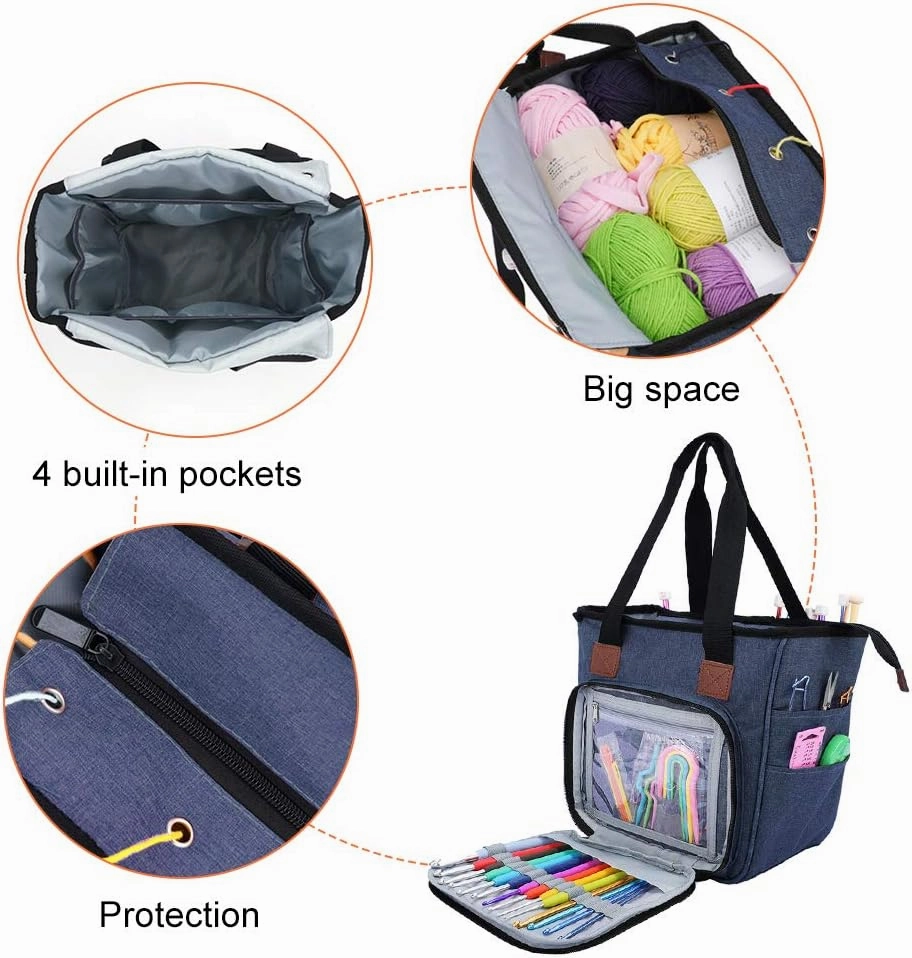 SumDirect Yarn Bag, Knitting Organizer Tote Bag Portable Storage Bag for Yarns, Carrying Projects, Knitting Needles, Crochet Hooks, Manuals and Other Accessories (Blue)