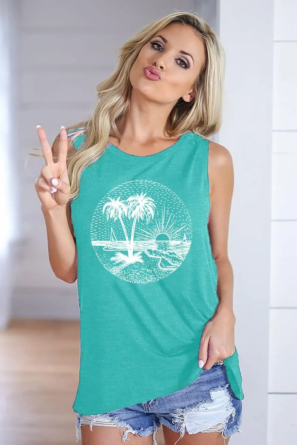 Summer Beach Tank Tops for Women Funny Cute Sunshine Coconut Tree Graphic Tee Shirt Hawaiian Family Vacation Tops