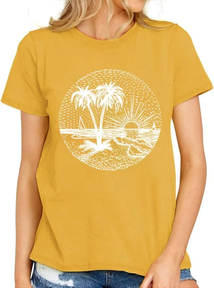 Summer Beach Tank Tops for Women Funny Cute Sunshine Coconut Tree Graphic Tee Shirt Hawaiian Family Vacation Tops