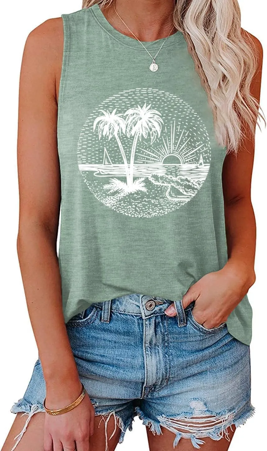 Summer Beach Tank Tops for Women Funny Cute Sunshine Coconut Tree Graphic Tee Shirt Hawaiian Family Vacation Tops