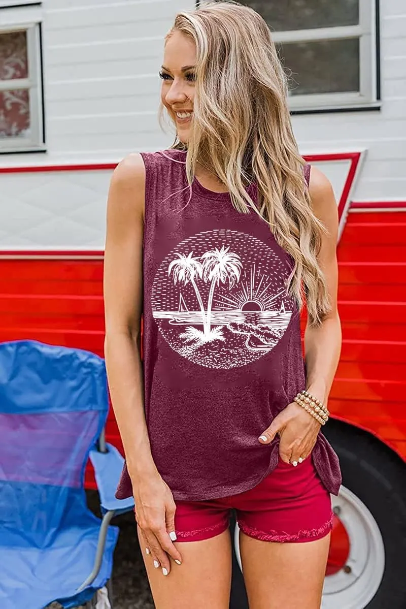 Summer Beach Tank Tops for Women Funny Cute Sunshine Coconut Tree Graphic Tee Shirt Hawaiian Family Vacation Tops