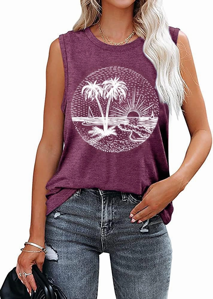 Summer Beach Tank Tops for Women Funny Cute Sunshine Coconut Tree Graphic Tee Shirt Hawaiian Family Vacation Tops