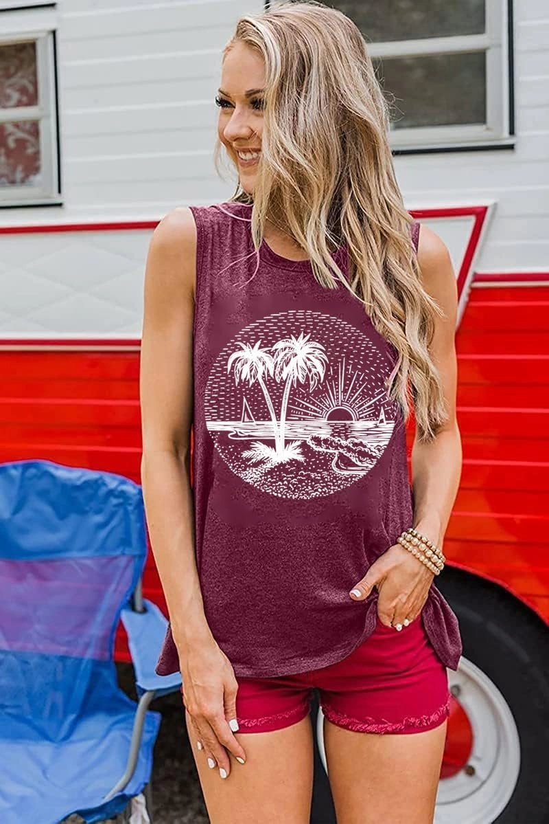 Summer Beach Tank Tops for Women Funny Cute Sunshine Coconut Tree Graphic Tee Shirt Hawaiian Family Vacation Tops
