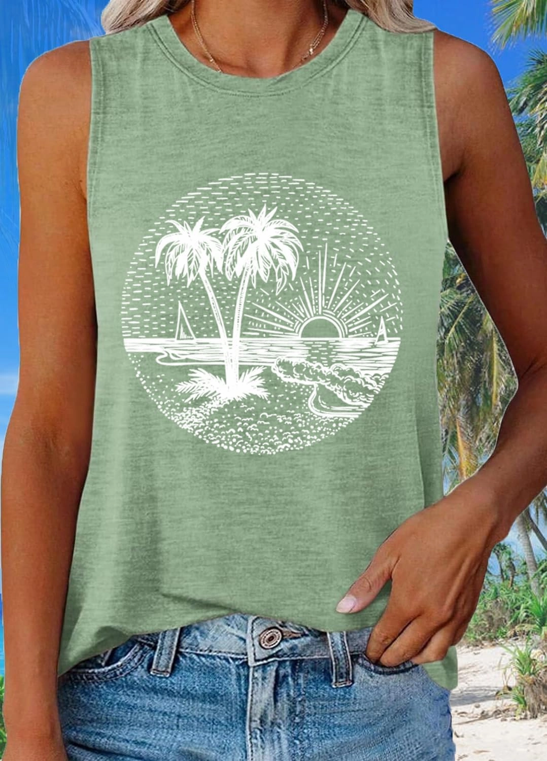 Summer Beach Tank Tops for Women Funny Cute Sunshine Coconut Tree Graphic Tee Shirt Hawaiian Family Vacation Tops
