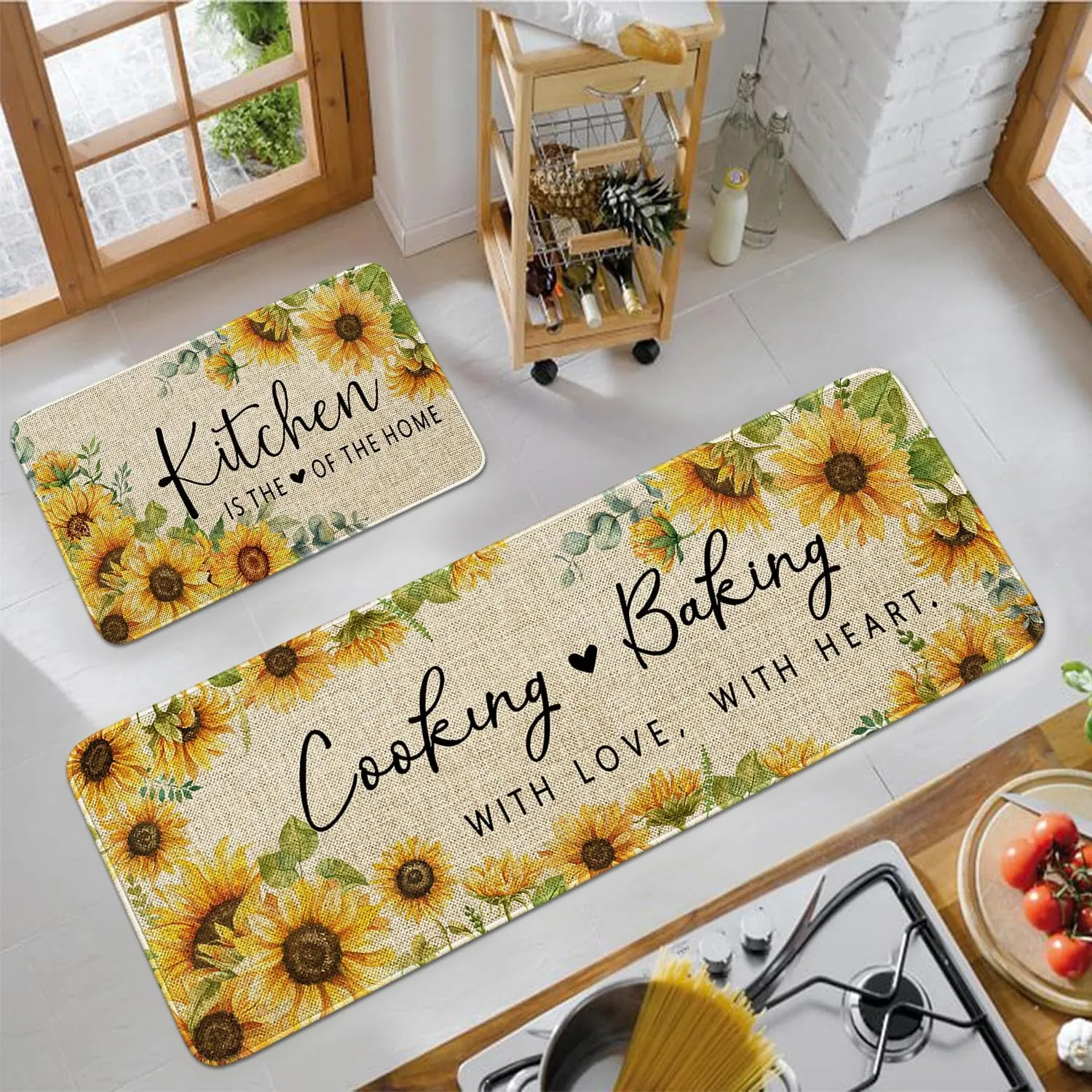Sunflowers Kitchen Rugs Set of 2,Kitchen is The Heart of The Home Kitchen Mats for Floor,Cooking with Love Baking with Heart Sink Mat Kitchen Decor Rug