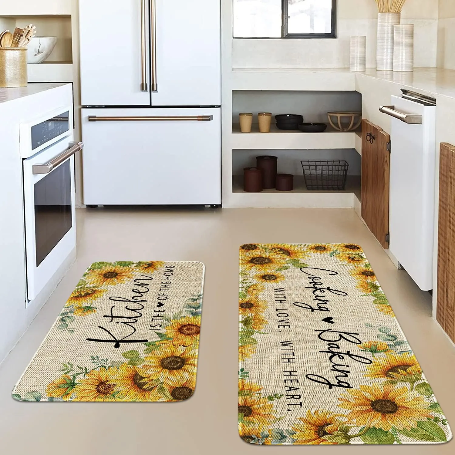 Sunflowers Kitchen Rugs Set of 2,Kitchen is The Heart of The Home Kitchen Mats for Floor,Cooking with Love Baking with Heart Sink Mat Kitchen Decor Rug