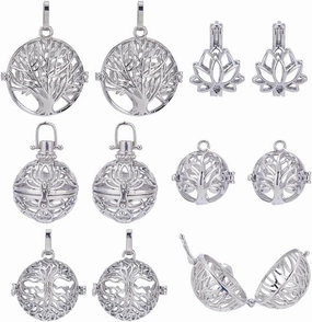 SUNNYCLUE 10Pcs Cage Charms Large Locket Cage Pendants Crystal Cage Necklaces Holder Silver Tone Tree of Life Lotus Flowers Openable Charm Chakra Stone Bead Necklace Holders for Jewelry Making Charms