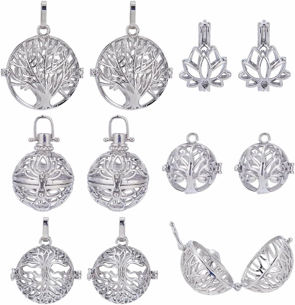 SUNNYCLUE 10Pcs Cage Charms Large Locket Cage Pendants Crystal Cage Necklaces Holder Silver Tone Tree of Life Lotus Flowers Openable Charm Chakra Stone Bead Necklace Holders for Jewelry Making Charms