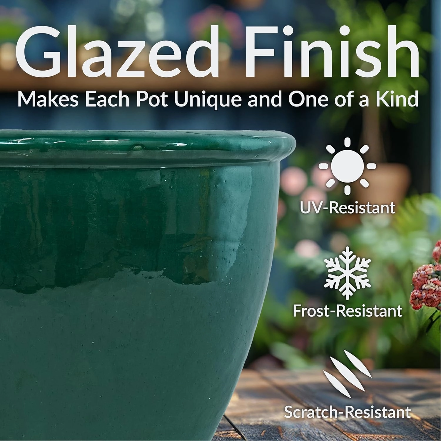Sunnydaze 14.5" Large Ceramic Plant Pot - Round Outdoor Glazed Ceramic Planter Pot with Drainage - Dark Green - Chalet