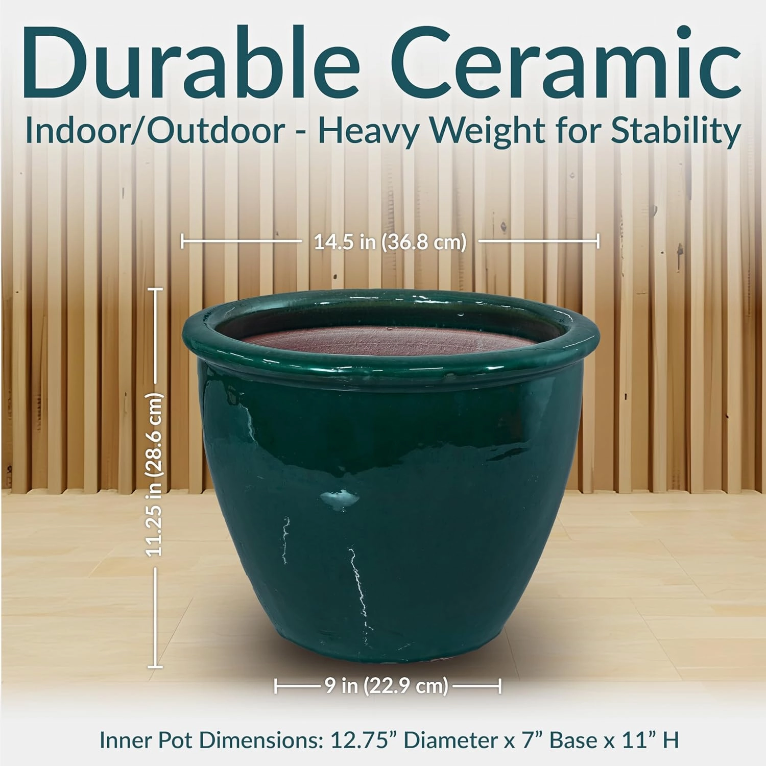 Sunnydaze 14.5" Large Ceramic Plant Pot - Round Outdoor Glazed Ceramic Planter Pot with Drainage - Dark Green - Chalet
