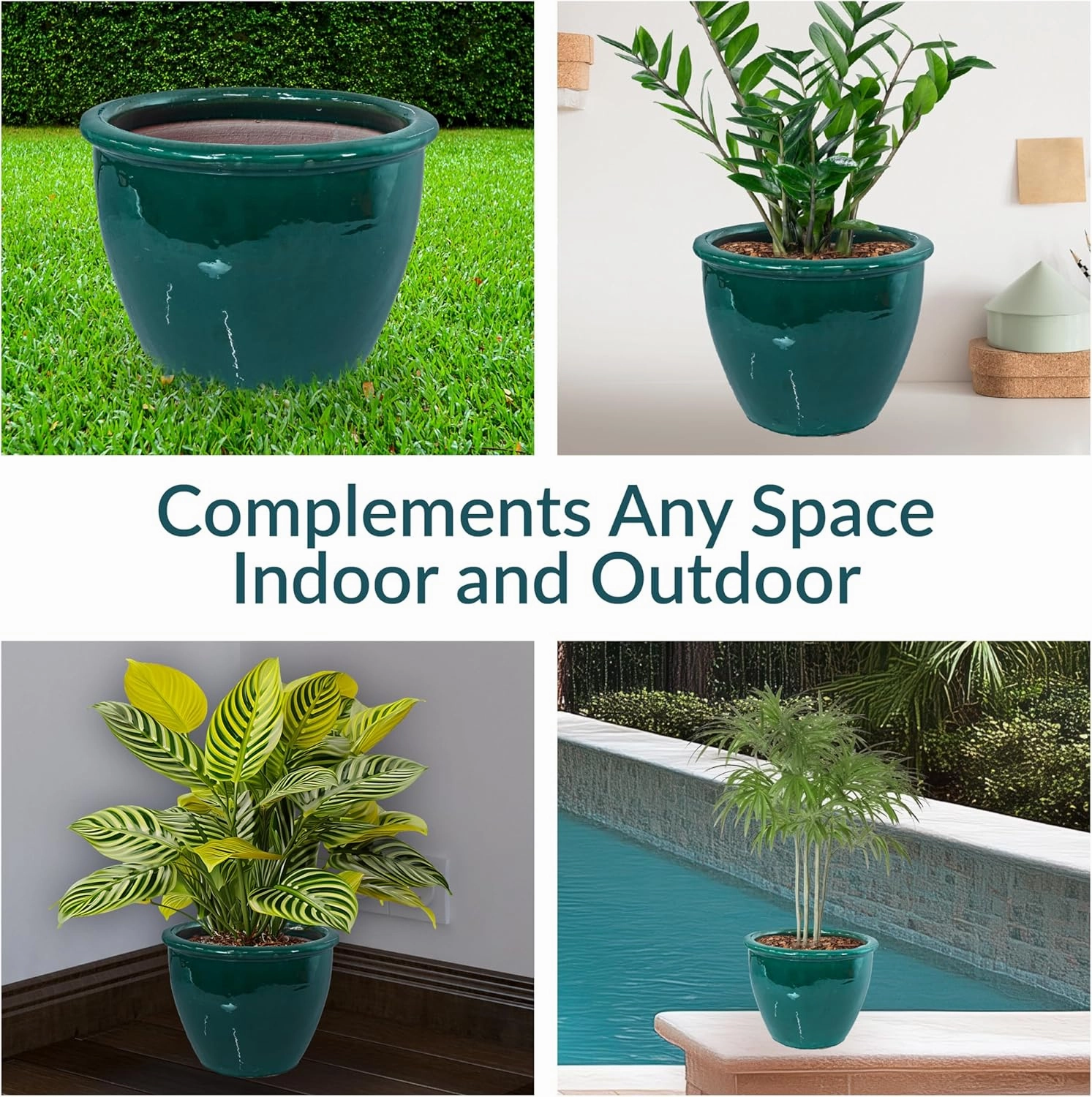 Sunnydaze 14.5" Large Ceramic Plant Pot - Round Outdoor Glazed Ceramic Planter Pot with Drainage - Dark Green - Chalet