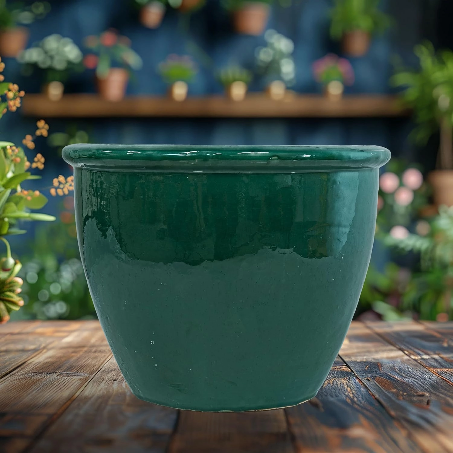 Sunnydaze 14.5" Large Ceramic Plant Pot - Round Outdoor Glazed Ceramic Planter Pot with Drainage - Dark Green - Chalet