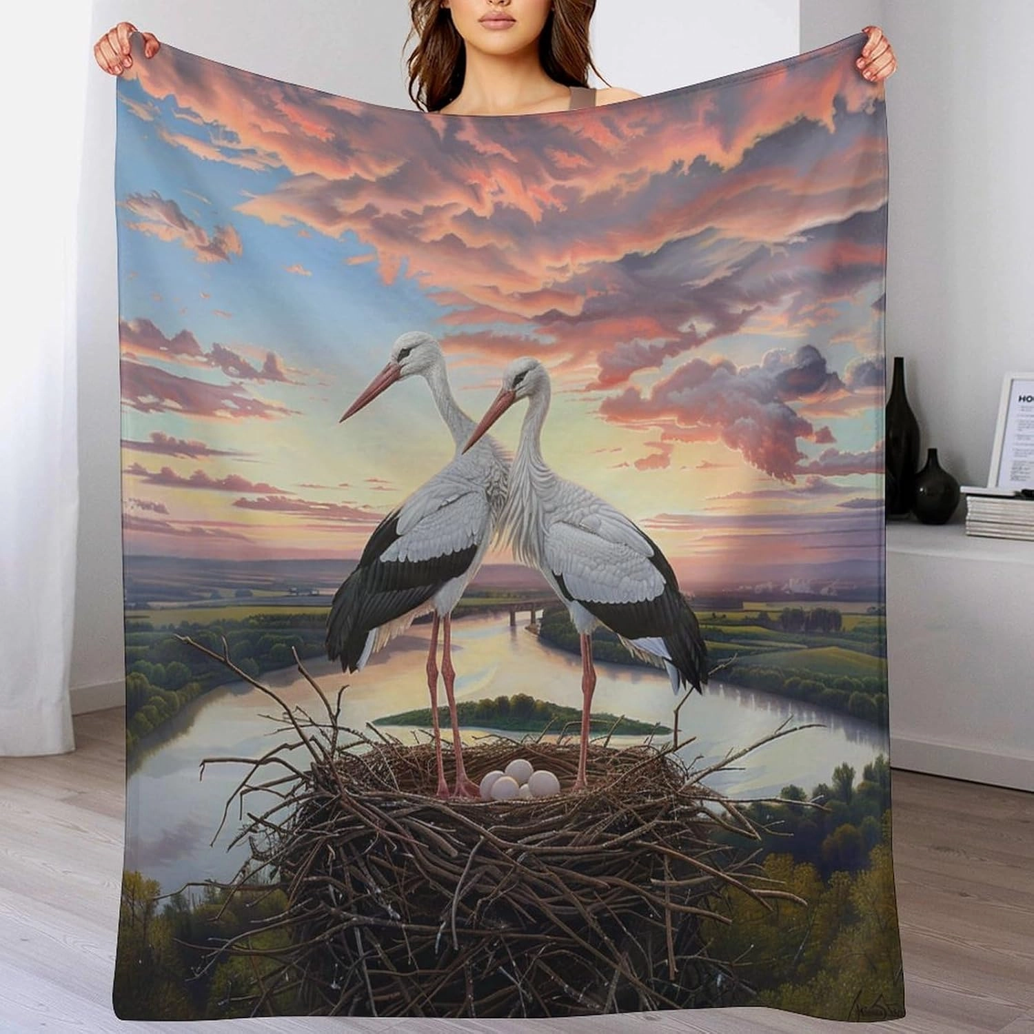 Sunset Bird Blanket Gifts for Kids Women, Soft Cozy Fuzzy Lightweight Cloud Stork Egg Stream Jungle Throw Blankets for Couch Birthday Bedroom, 60x80 Inch