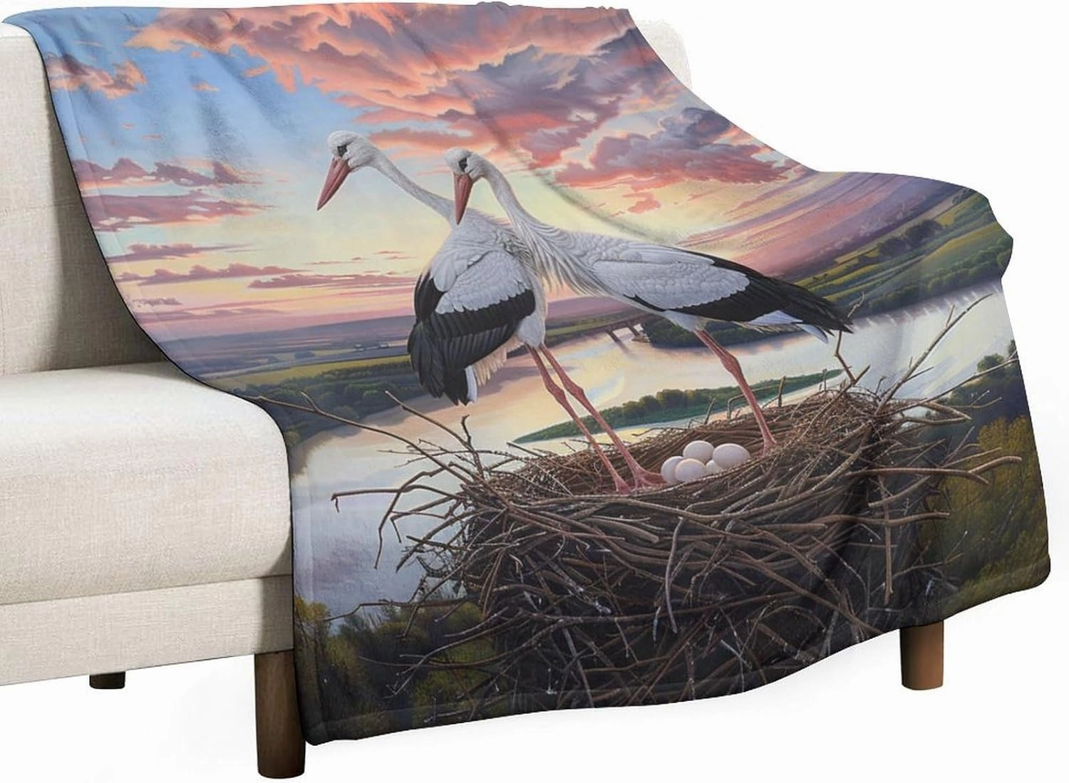 Sunset Bird Blanket Gifts for Kids Women, Soft Cozy Fuzzy Lightweight Cloud Stork Egg Stream Jungle Throw Blankets for Couch Birthday Bedroom, 60x80 Inch