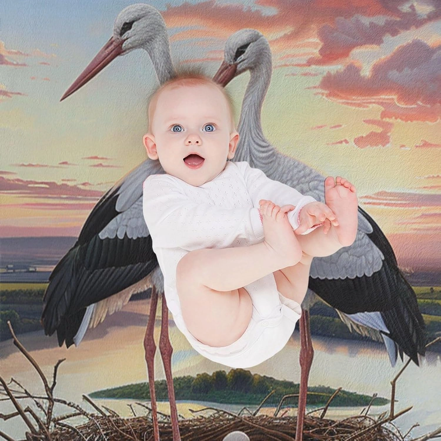 Sunset Bird Blanket Gifts for Kids Women, Soft Cozy Fuzzy Lightweight Cloud Stork Egg Stream Jungle Throw Blankets for Couch Birthday Bedroom, 60x80 Inch