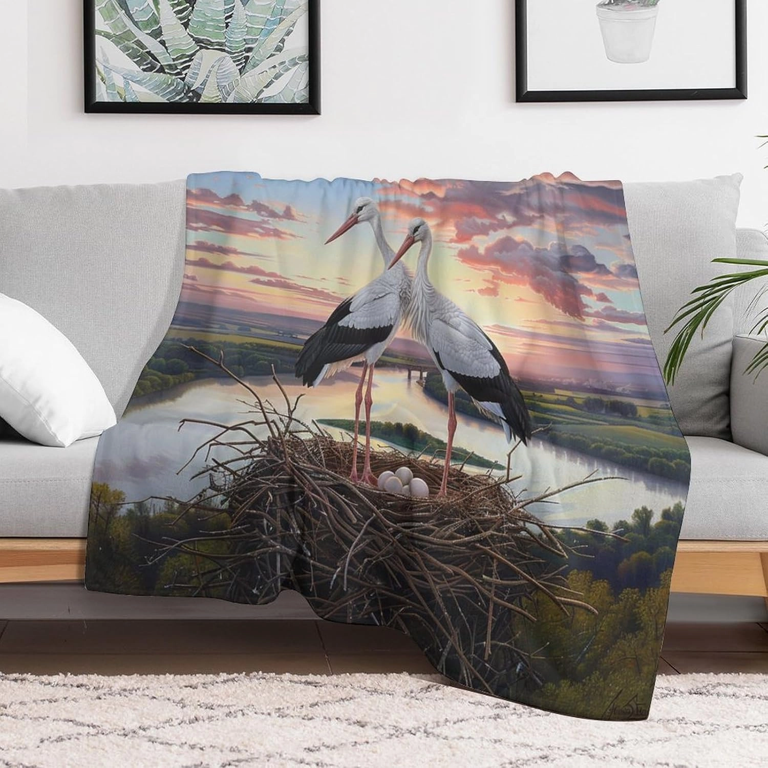 Sunset Bird Blanket Gifts for Kids Women, Soft Cozy Fuzzy Lightweight Cloud Stork Egg Stream Jungle Throw Blankets for Couch Birthday Bedroom, 60x80 Inch
