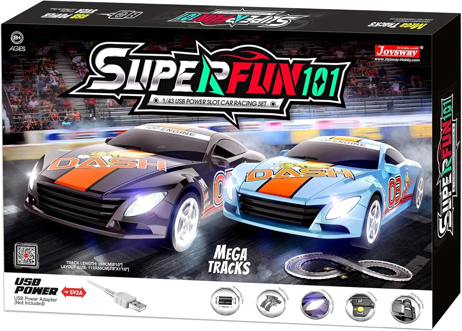 SuperFun 101-1/43 USB Power Slot Car Racing Set, Layout Size: 44"x22", LED Headlights, Lap Counter, Ages 8 