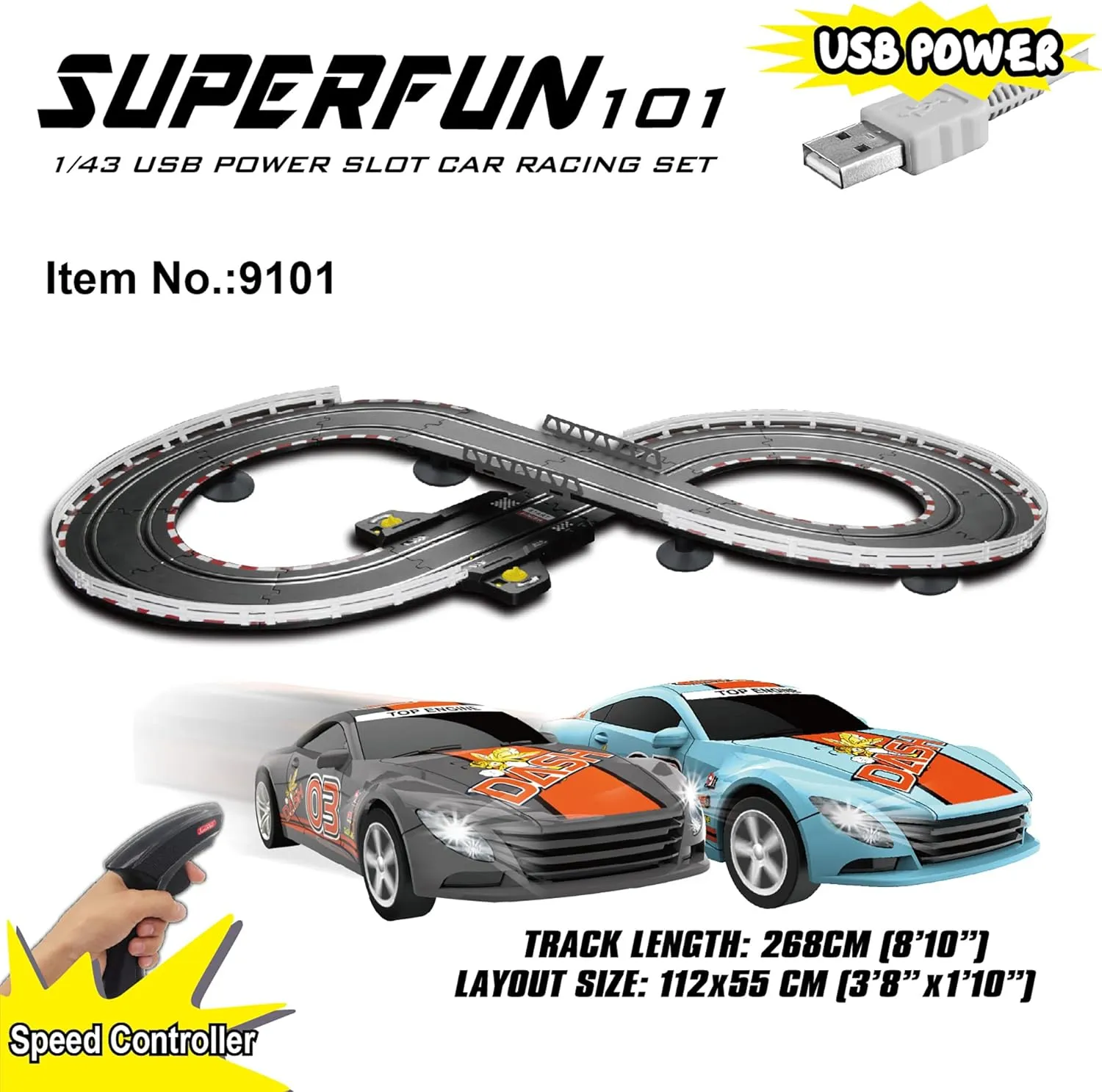 SuperFun 101-1/43 USB Power Slot Car Racing Set, Layout Size: 44"x22", LED Headlights, Lap Counter, Ages 8 