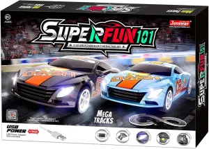 SuperFun 101-1/43 USB Power Slot Car Racing Set, Layout Size: 44"x22", LED Headlights, Lap Counter, Ages 8 