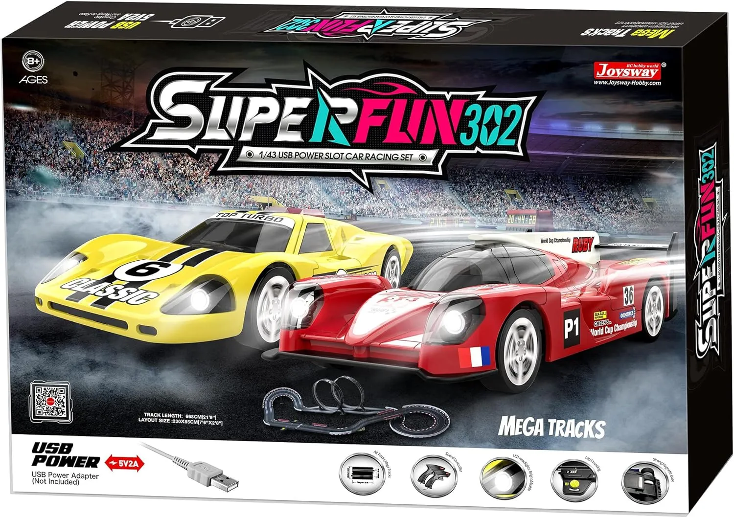 SuperFun 302-1/43 USB Power Slot Car Racing Set, Layout Size: 90"x32", LED Headlights, Lap Counter, Ages 8 