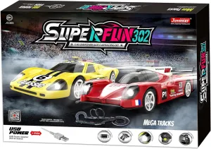 SuperFun 302-1/43 USB Power Slot Car Racing Set, Layout Size: 90"x32", LED Headlights, Lap Counter, Ages 8 