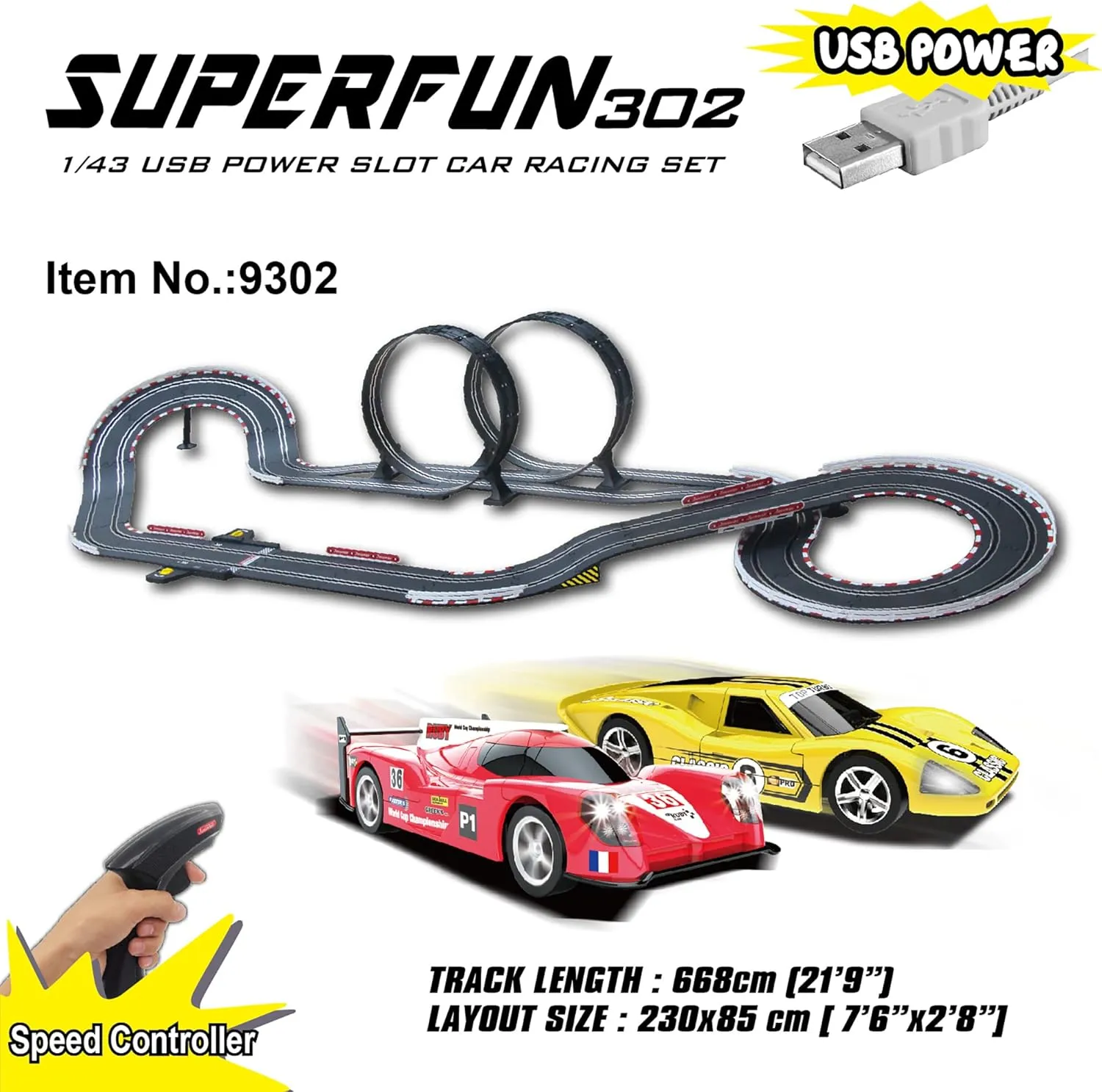 SuperFun 302-1/43 USB Power Slot Car Racing Set, Layout Size: 90"x32", LED Headlights, Lap Counter, Ages 8 