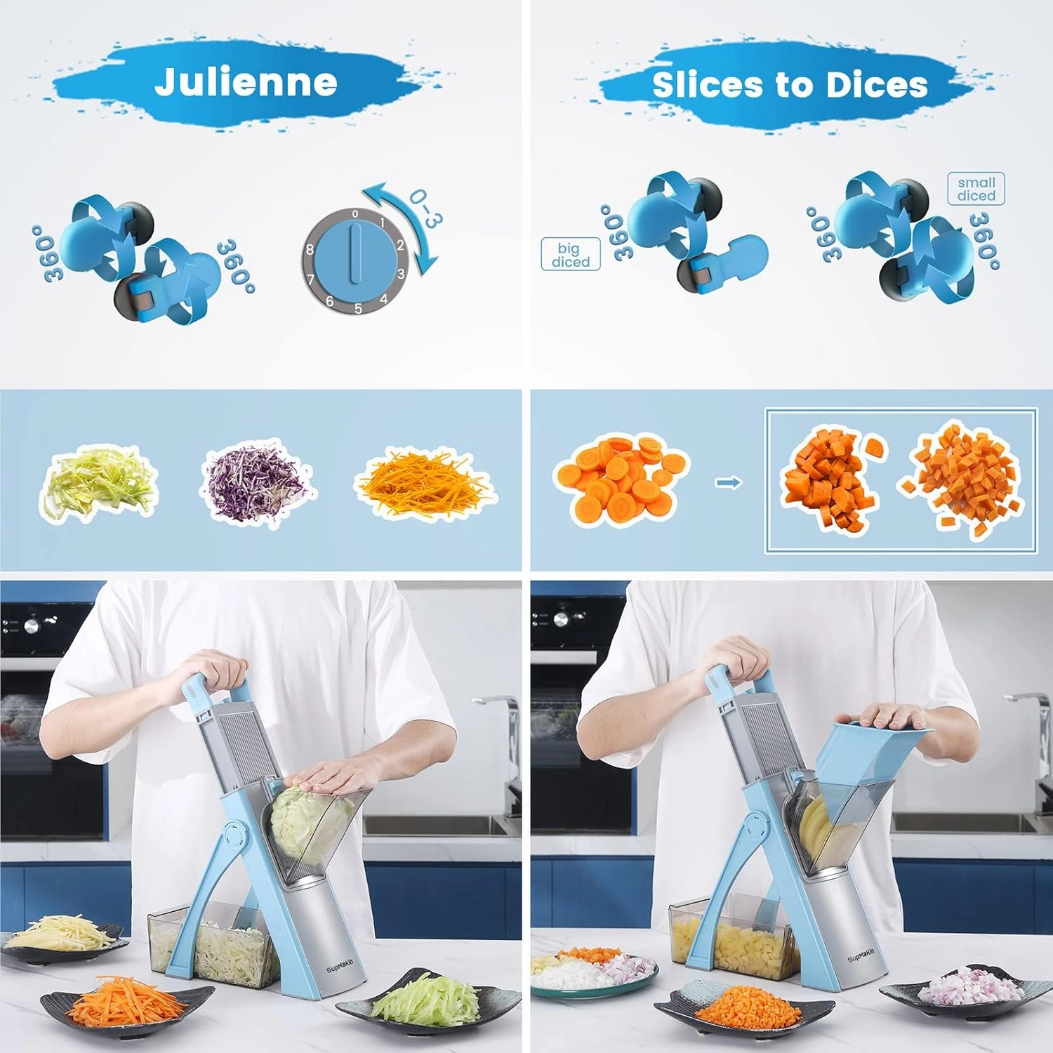 SupMaKin Upgrade Safe Mandoline Slicer Plus, Adjustable Potato Slicer, Vegetable Chopper Food Slicer, Fries Cutter, Veggie Salad Chopper Kitchen Chopping Artifact Gifts (Blue)