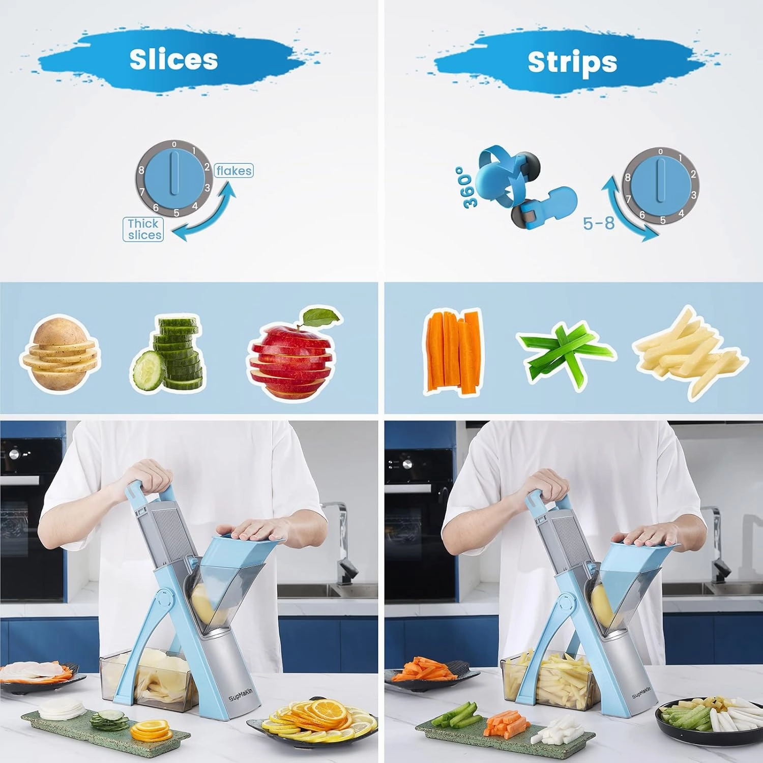 SupMaKin Upgrade Safe Mandoline Slicer Plus, Adjustable Potato Slicer, Vegetable Chopper Food Slicer, Fries Cutter, Veggie Salad Chopper Kitchen Chopping Artifact Gifts (Blue)