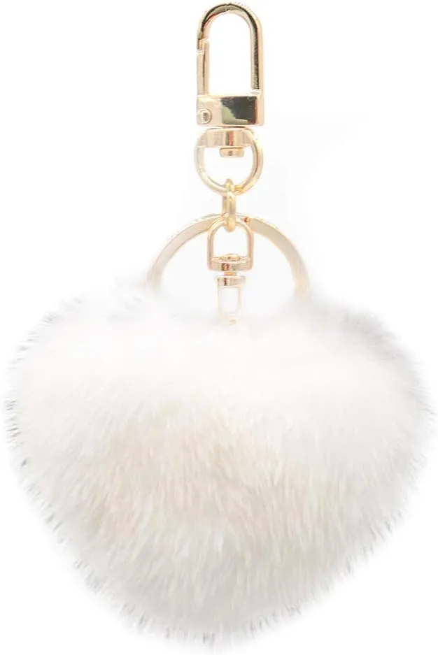 surell Genuine Mink Fur Heart Pom-Pom Keychain - Cute Bag Purse Charm - Ring Fluffy Fur Ball - Fashion Gift (Cream)