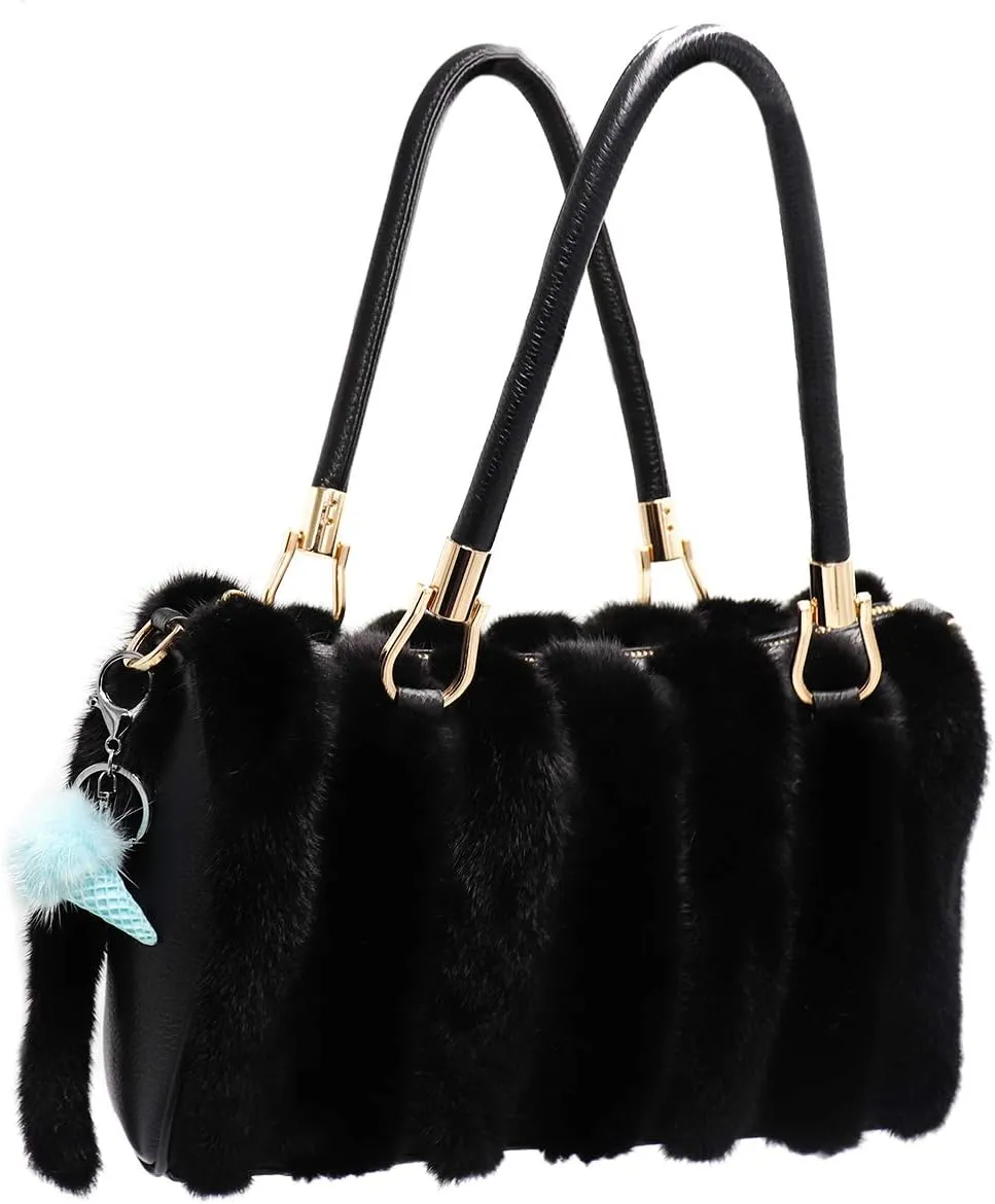 surell Genuine Mink Fur Ice Cream Cone Keychain - Bag Purse Charm - Gold Ring Fluffy Fur Ball - Fashion Gift