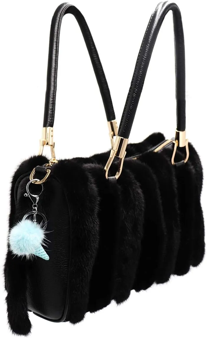 surell Genuine Mink Fur Ice Cream Cone Keychain - Bag Purse Charm - Gold Ring Fluffy Fur Ball - Fashion Gift