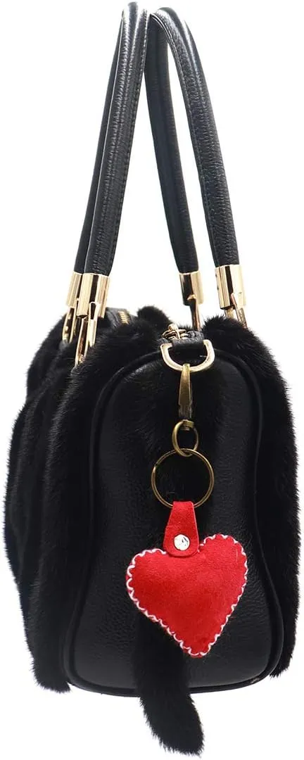 surell - Real Shearling Heart Keychain with Keyring - Cute Lambs Wool Sheepskin Bag Purse Pom Pon Charm - Love Ring Fluffy