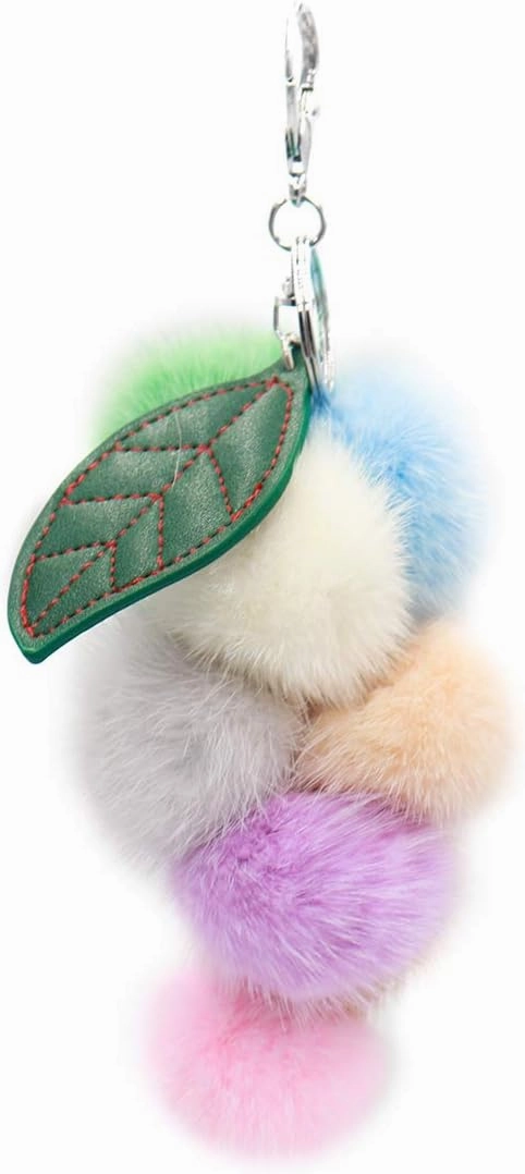 surell - Genuine Mink Fur Grape Bunch Fruit Keychain - Cute Veggie Bag Purse Charm - Healthy Food Pom Pon Gold Ring Fluffy