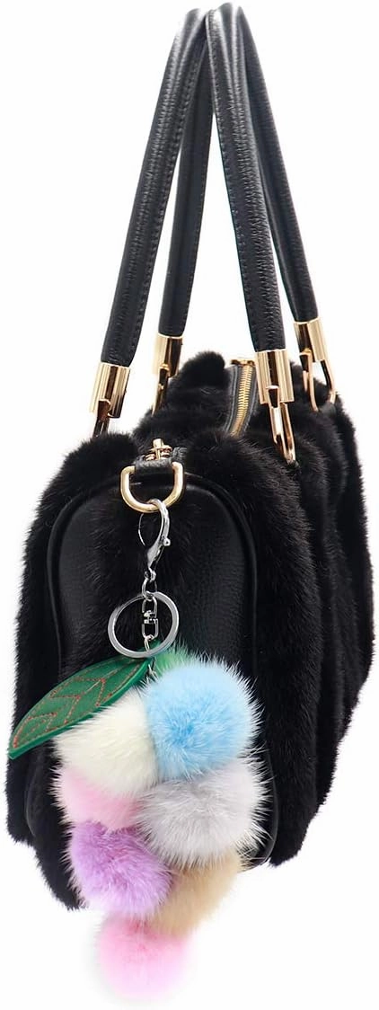surell - Genuine Mink Fur Grape Bunch Fruit Keychain - Cute Veggie Bag Purse Charm - Healthy Food Pom Pon Gold Ring Fluffy