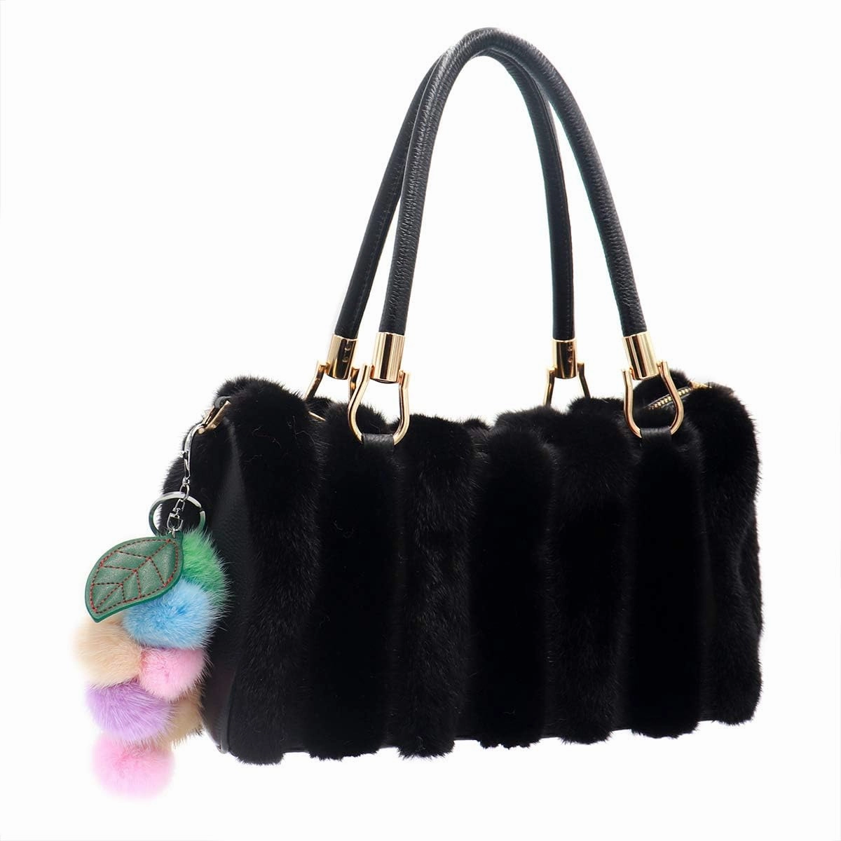 surell - Genuine Mink Fur Grape Bunch Fruit Keychain - Cute Veggie Bag Purse Charm - Healthy Food Pom Pon Gold Ring Fluffy