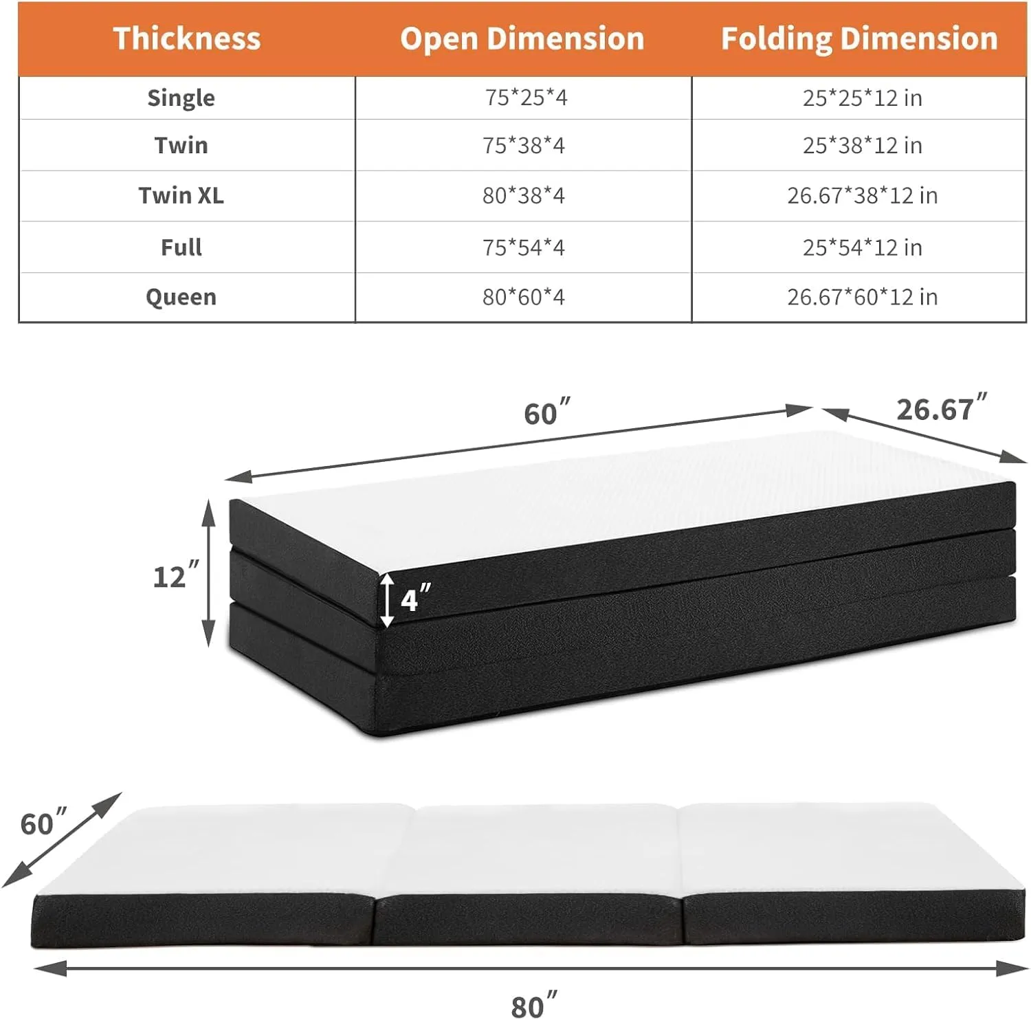 Sweetcrispy Tri-Fold Memory Foam Mattress - 4 inch Queen Foldable Mattress with Collapsible and Washable Cover, Portable Floor Bed with CertiPUR-US Certified, for Travel & Yoga, Guest Mat