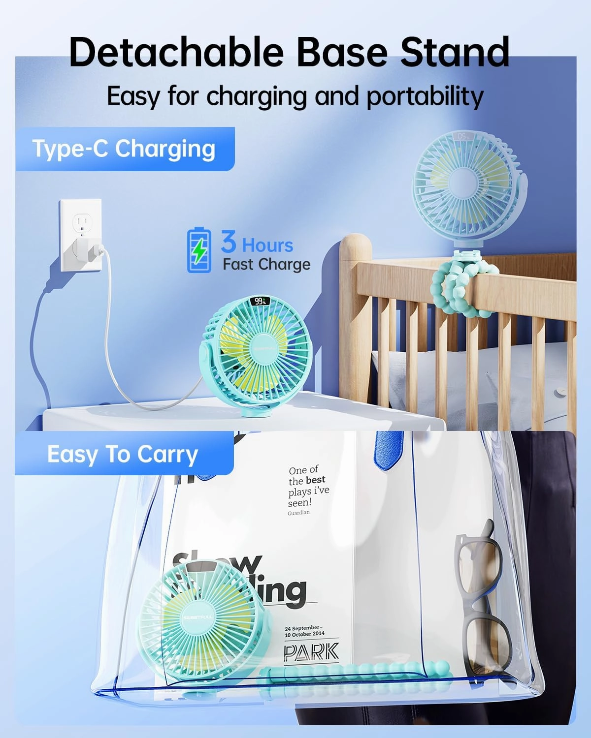 SWEETFULL Portable Stroller Fan with Display 4000mAh Battery Powered Mini Clip On Fan, 4-Speed Rechargeable Small Personal Cooling for Baby Car Seat Crib Travel - Cyan