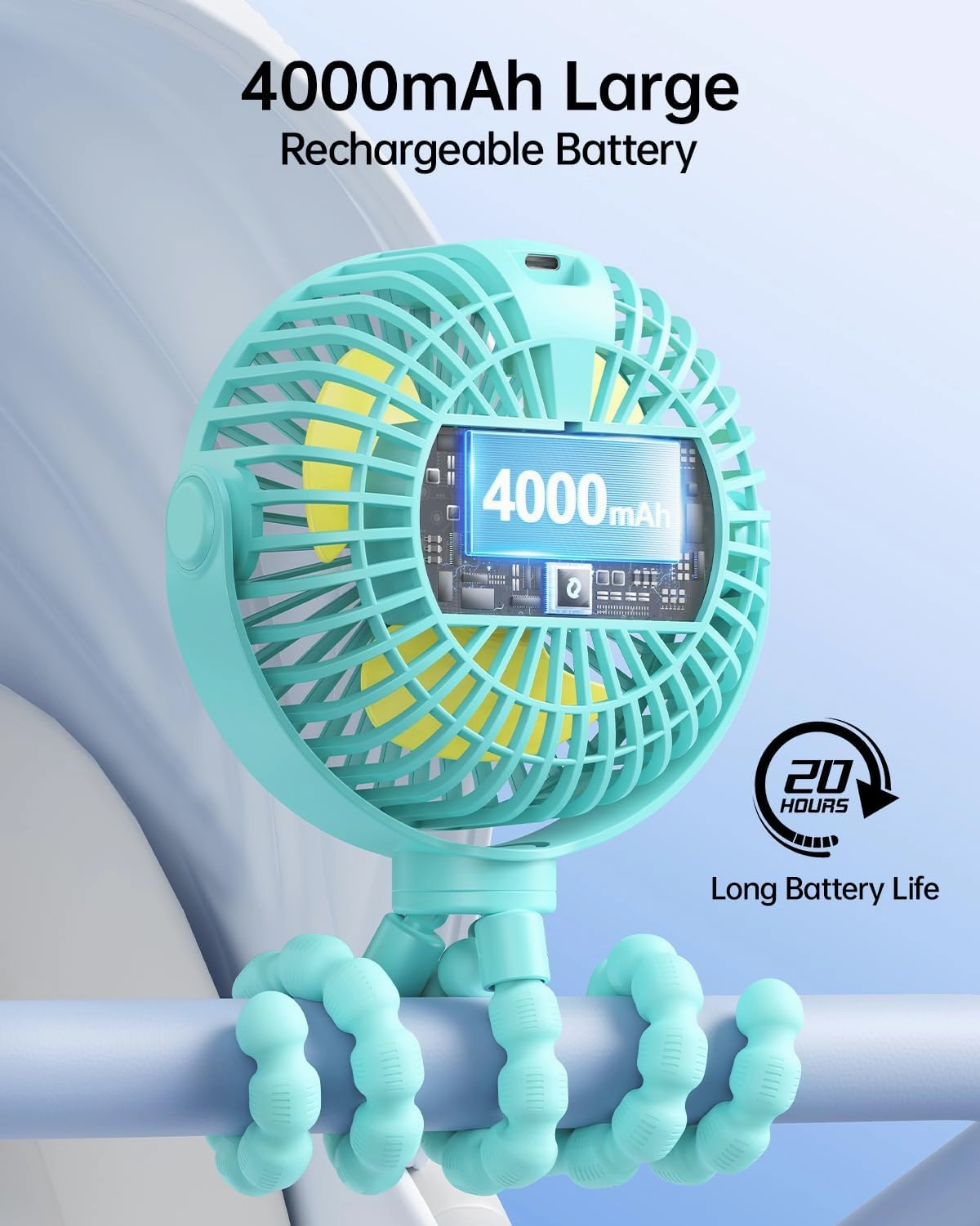 SWEETFULL Portable Stroller Fan with Display 4000mAh Battery Powered Mini Clip On Fan, 4-Speed Rechargeable Small Personal Cooling for Baby Car Seat Crib Travel - Cyan
