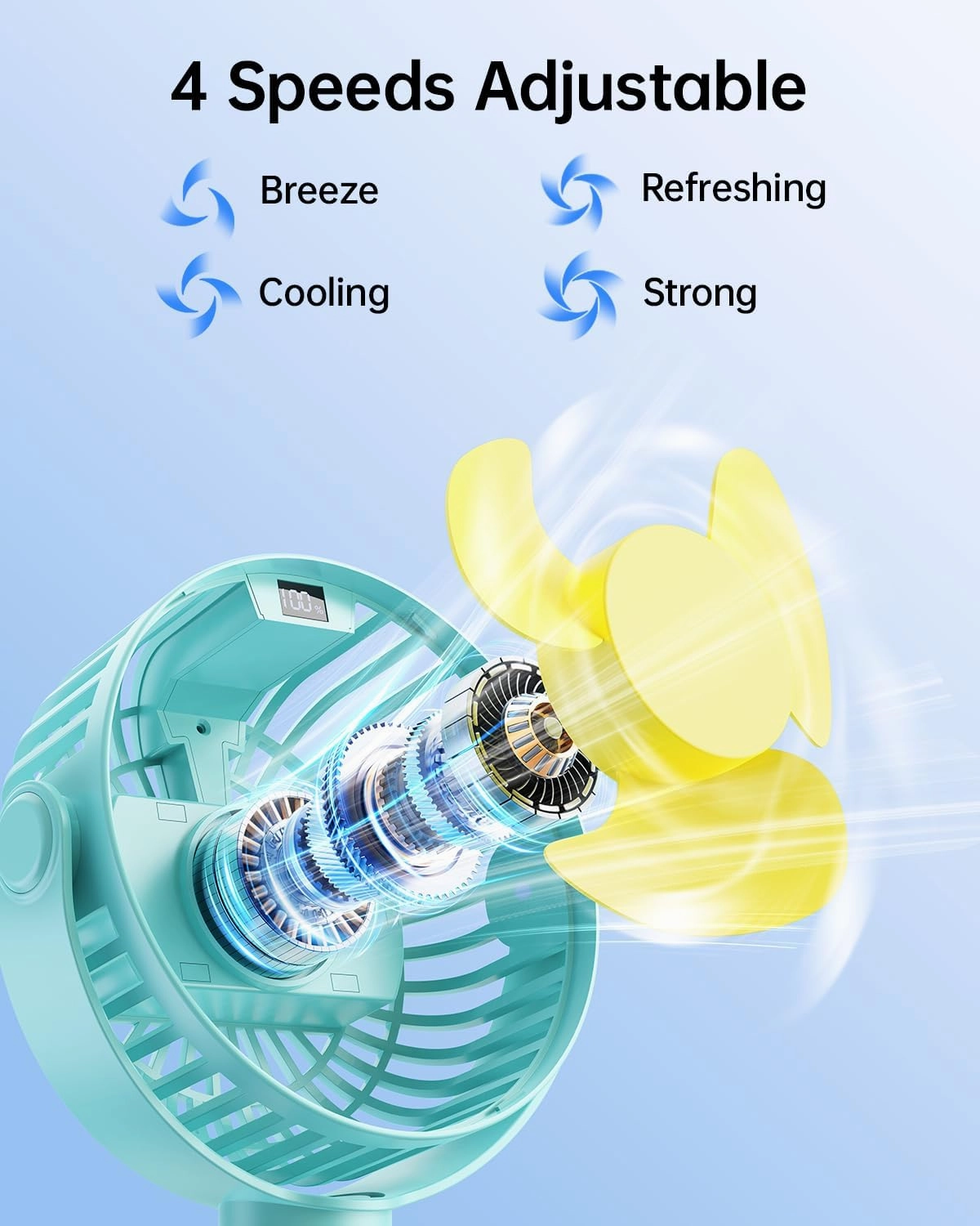 SWEETFULL Portable Stroller Fan with Display 4000mAh Battery Powered Mini Clip On Fan, 4-Speed Rechargeable Small Personal Cooling for Baby Car Seat Crib Travel - Cyan