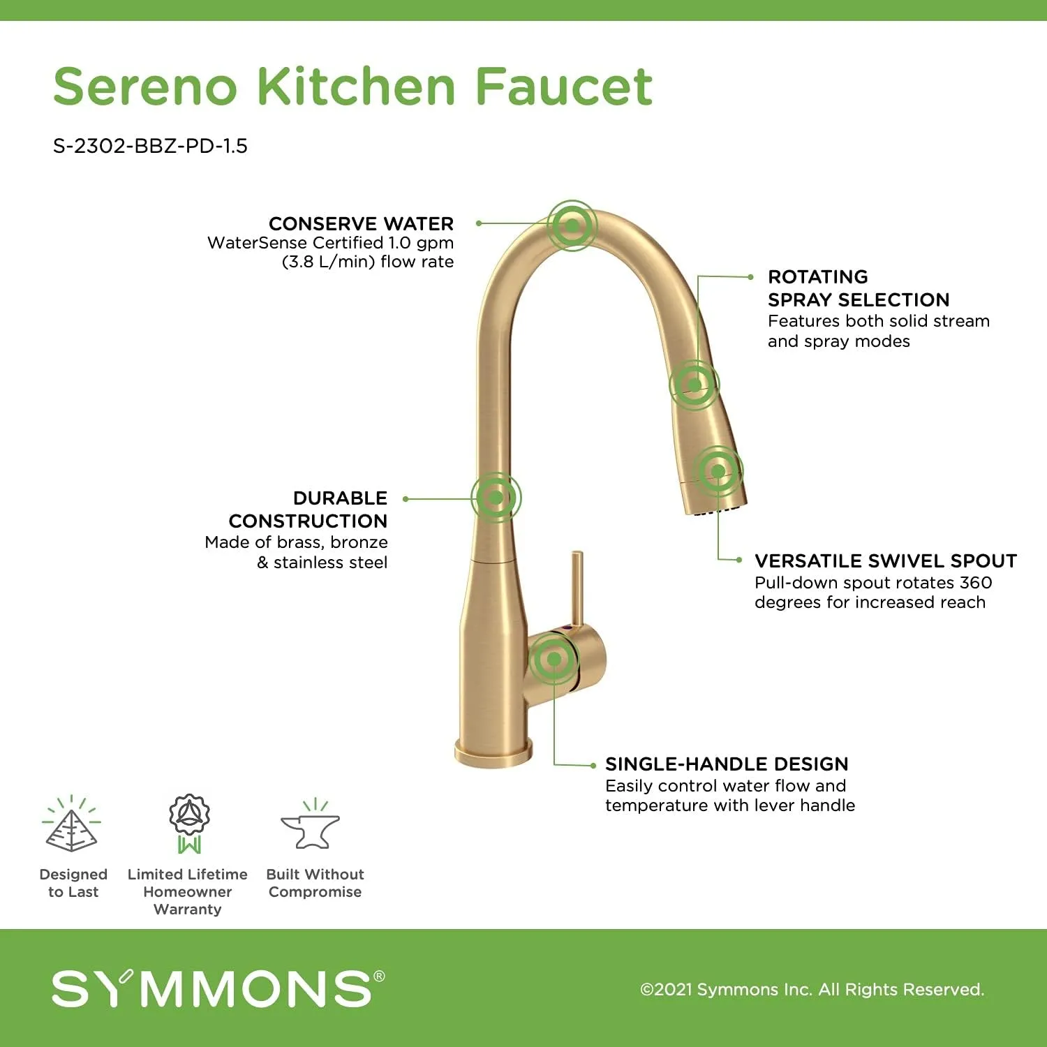 Symmons Sereno Single-Handle Pull-Down Sprayer Kitchen Faucet in Brushed Bronze SK2302BBZPD, Large