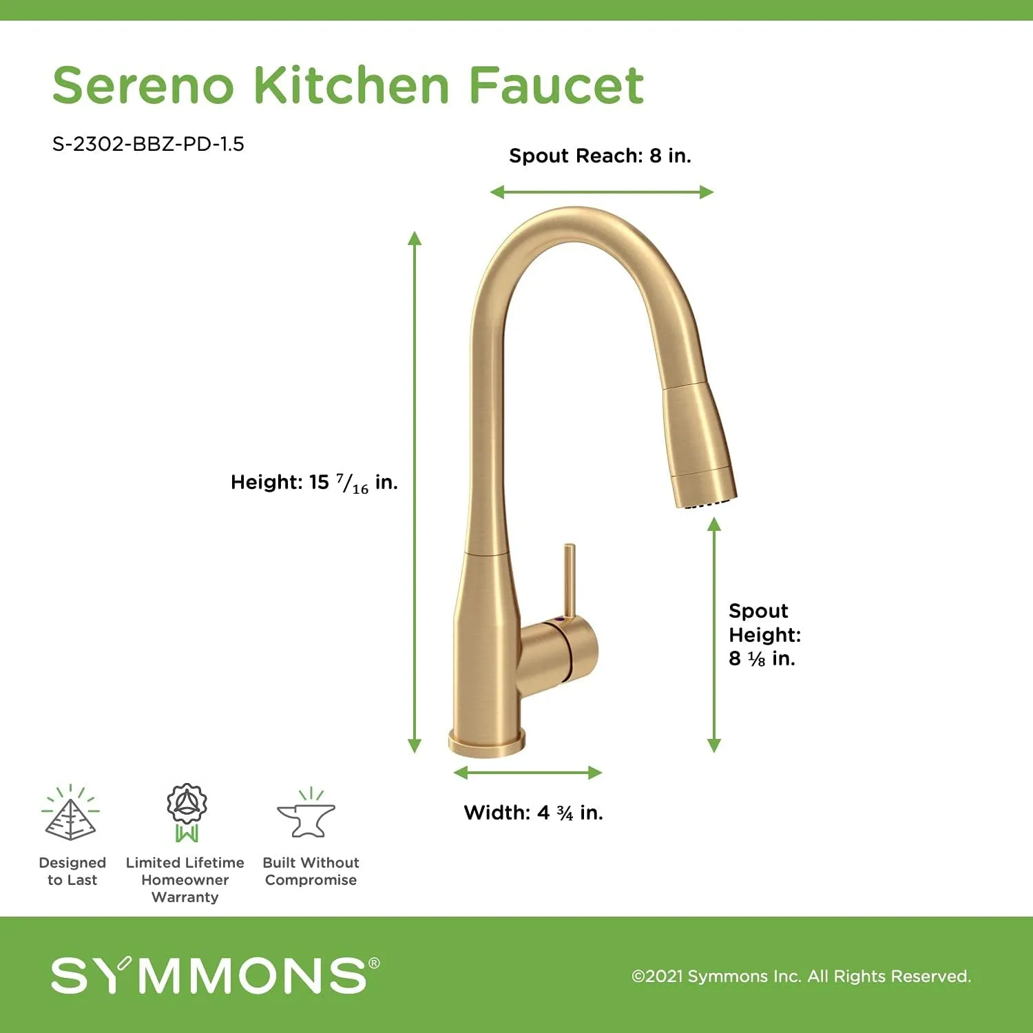 Symmons Sereno Single-Handle Pull-Down Sprayer Kitchen Faucet in Brushed Bronze SK2302BBZPD, Large