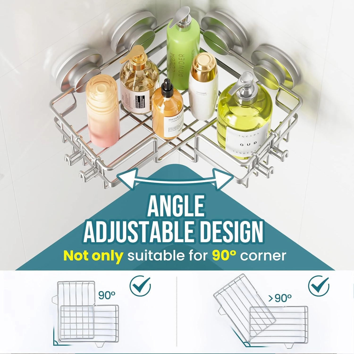 TAILI 2 Pack Corner-adaptive Suction Cup Shower Caddy, Stainless Steel Rustproof Corner Shower Shelves, Drill-Free Wall Mounted Baskets, Large Capacity Removable Suction Cup Bathroom Organizer, Gray